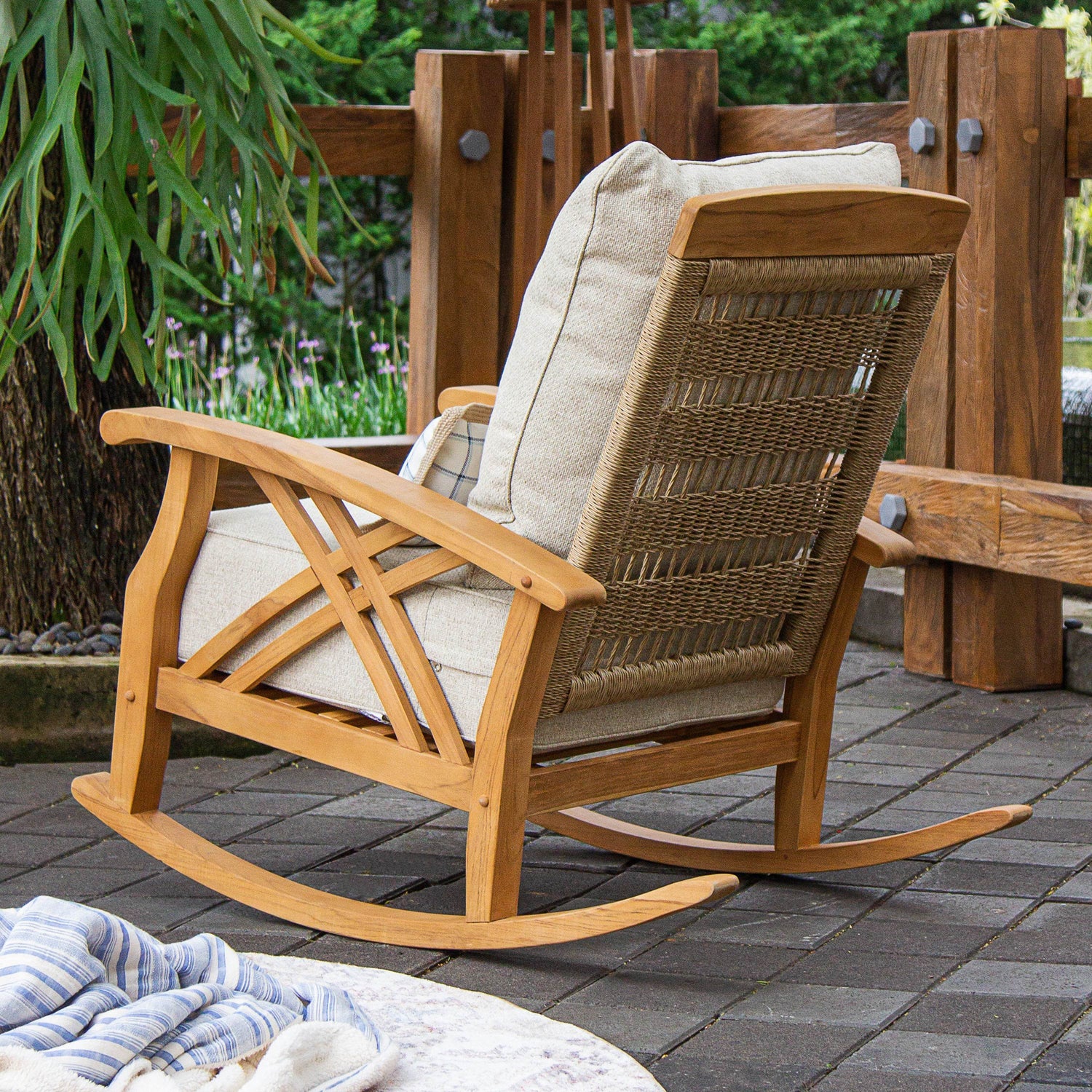 Carmel Teak Wood Patio Rocking Chair with Tan Cushion | Patio Furniture ...