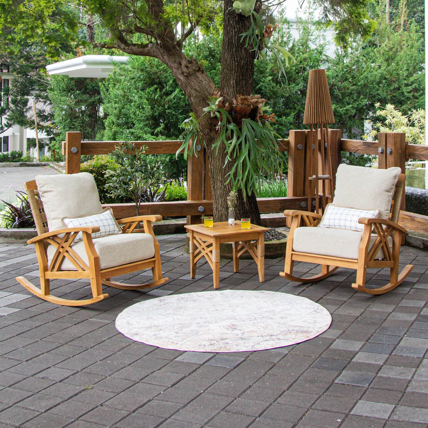 Carmel Outdoor Teak Wood Rocking Chair Tan Cushion | Cambridge Casual
