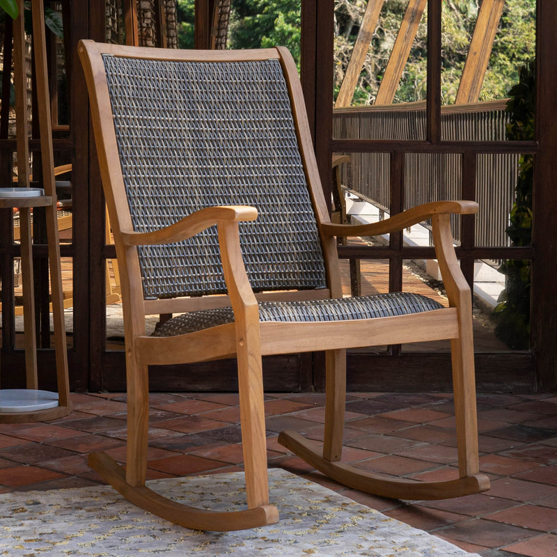 Dunham Teak Wood Porch Rocking Chair with Padded Woven Seat
