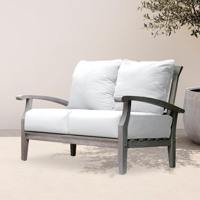Caterina Weathered Teak Wood Outdoor Loveseat with Off White Cushion