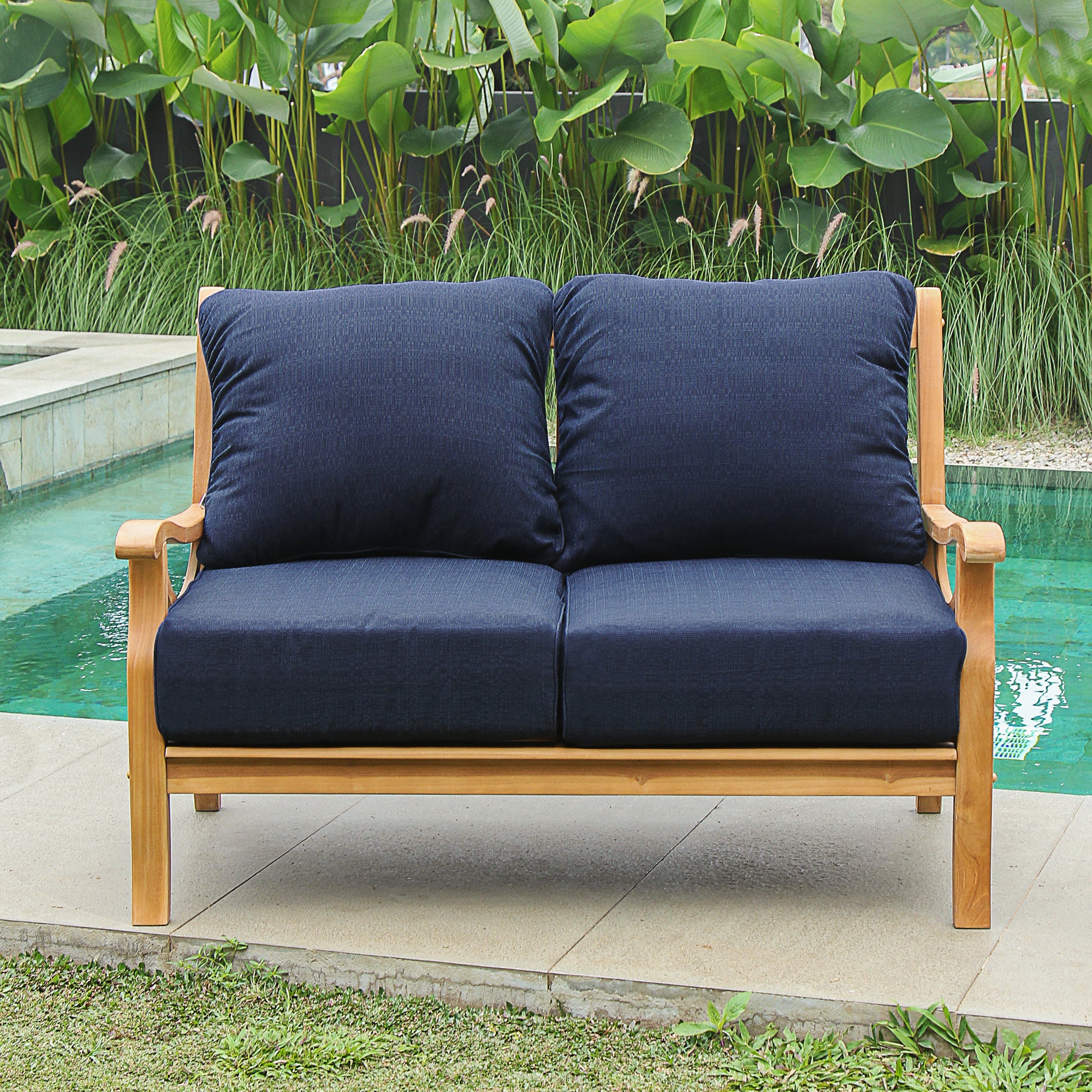 Abbington Teak Wood Outdoor Loveseat with Navy Cushion