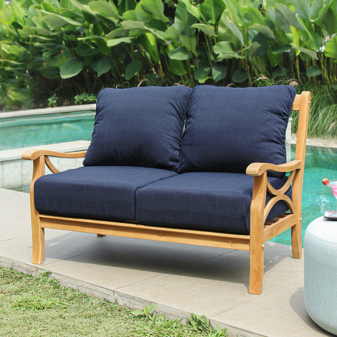 Abbington Teak Wood Outdoor Loveseat with Navy Cushion