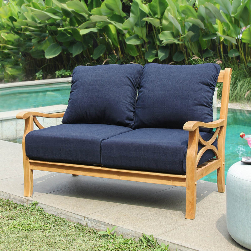 Abbington Teak Wood Outdoor Loveseat with Navy Cushion - Cambridge Casual