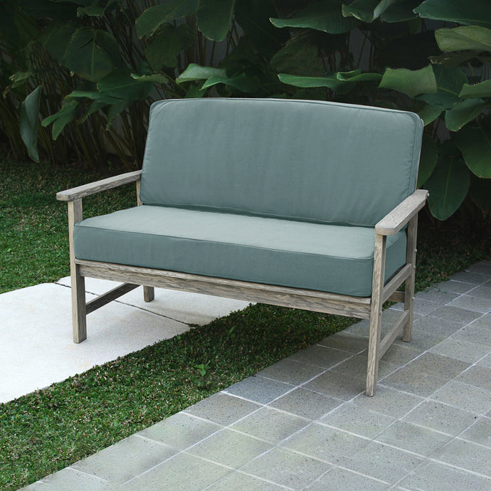 Porto Weathered Gray Wood Outdoor Loveseat with Blue Spruce Cushion