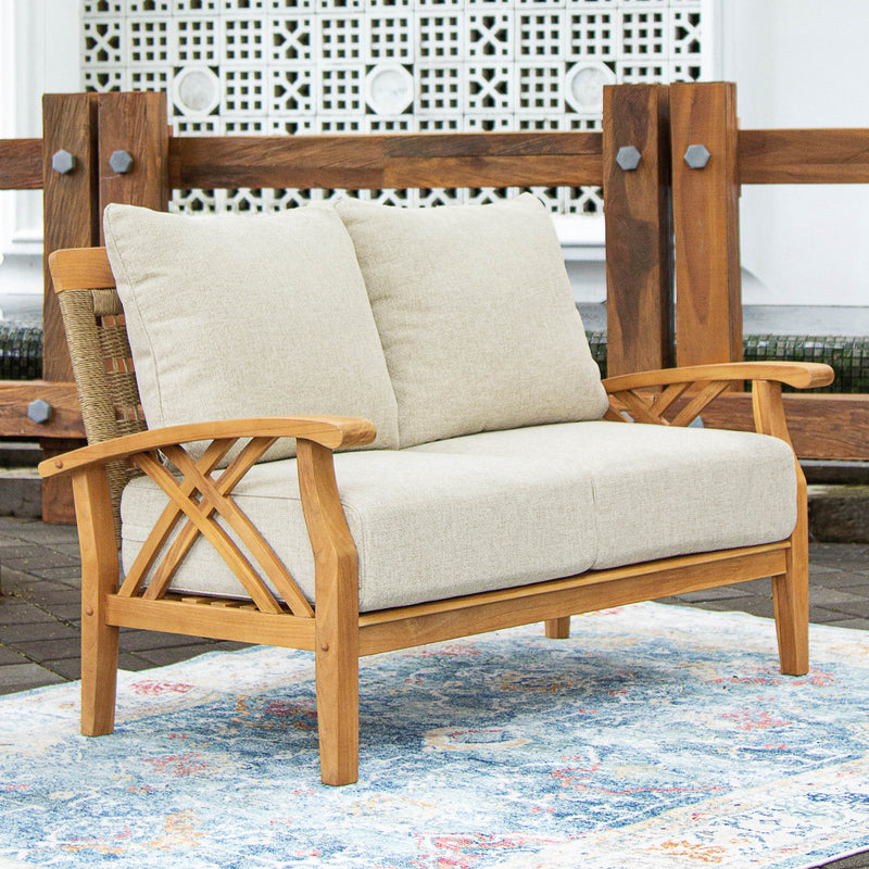 Carmel Teak Wood Patio Loveseat with Tan Cushion - Cambridge Casual