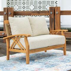 Carmel Teak Wood Patio Loveseat with Tan Cushions