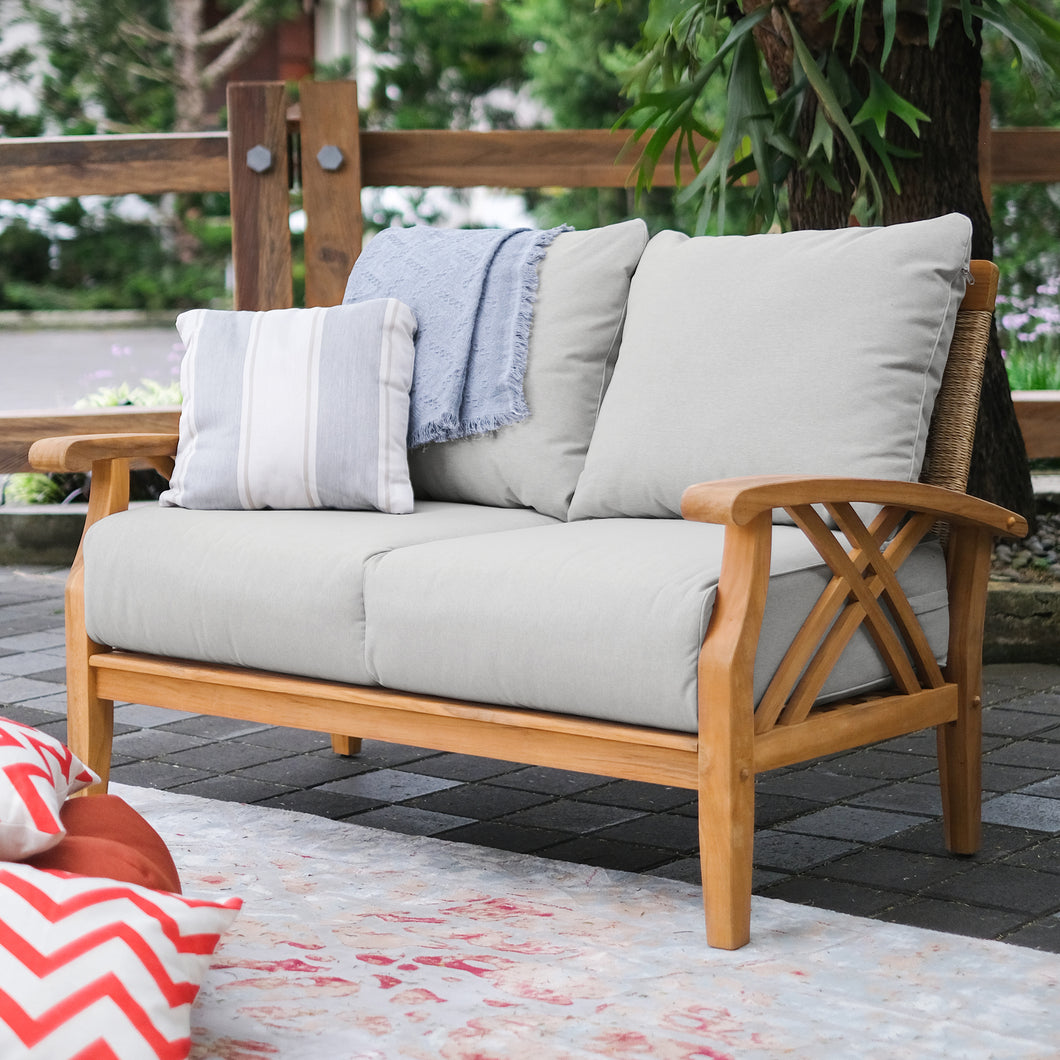Carmel Teak Wood Patio Loveseat with Oyster Cushion