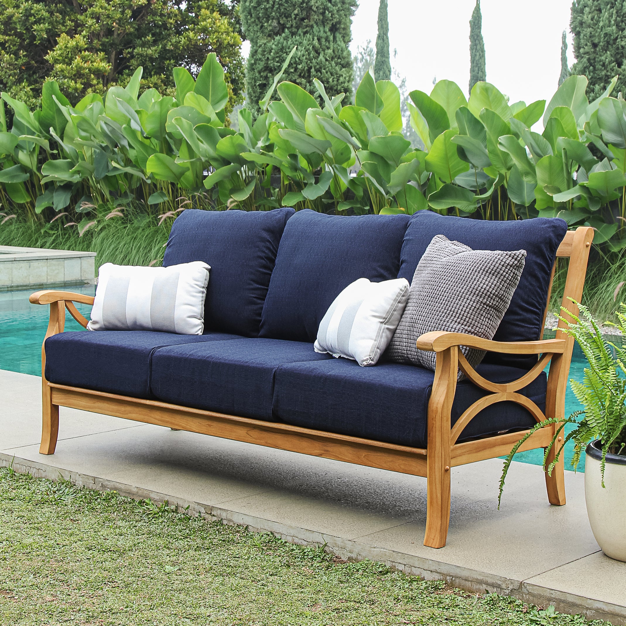 Abbington Teak Wood Outdoor Patio Sofa Navy Cushion Cambridge Casual