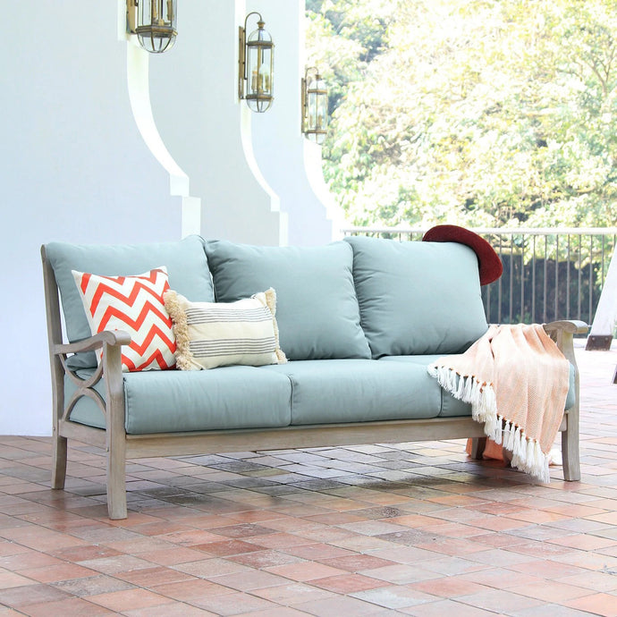 Abbington Weathered Teak Wood Patio Sofa with Blue Spruce Cushion