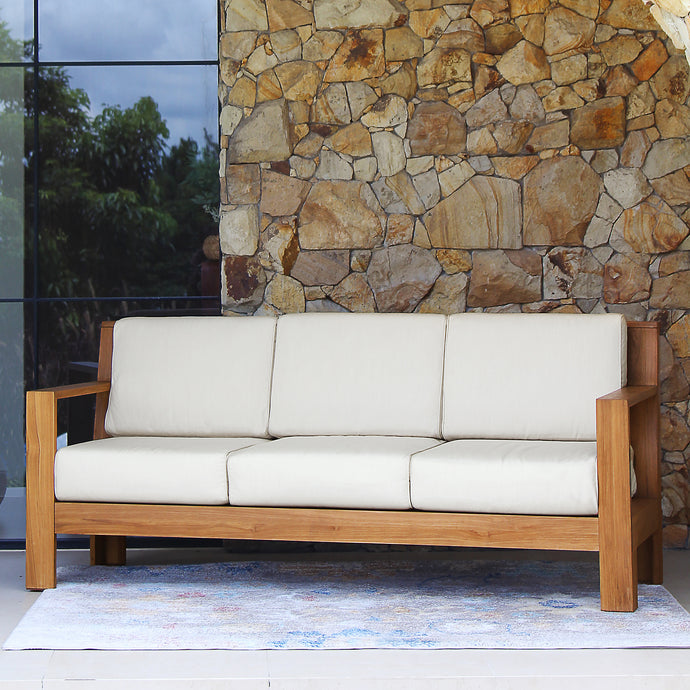 Logan Teak Wood Patio Sofa with Sunbrella Vellum Cushion