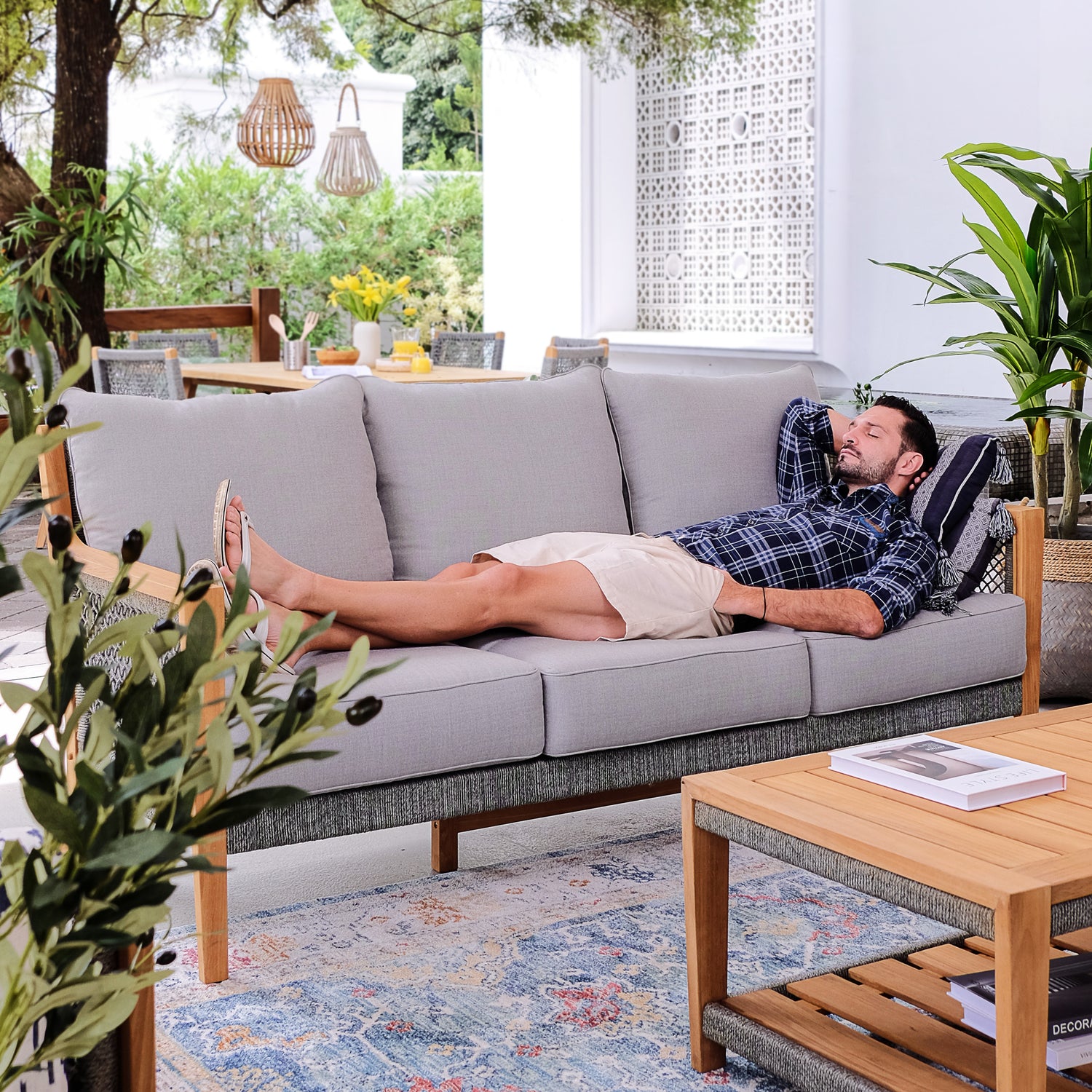 Nassau Teak Wood Patio Sofa with Gray Cushion