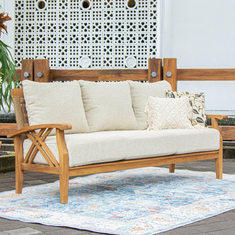Carmel Teak Wood Patio Sofa with Tan Cushion - Cambridge Casual