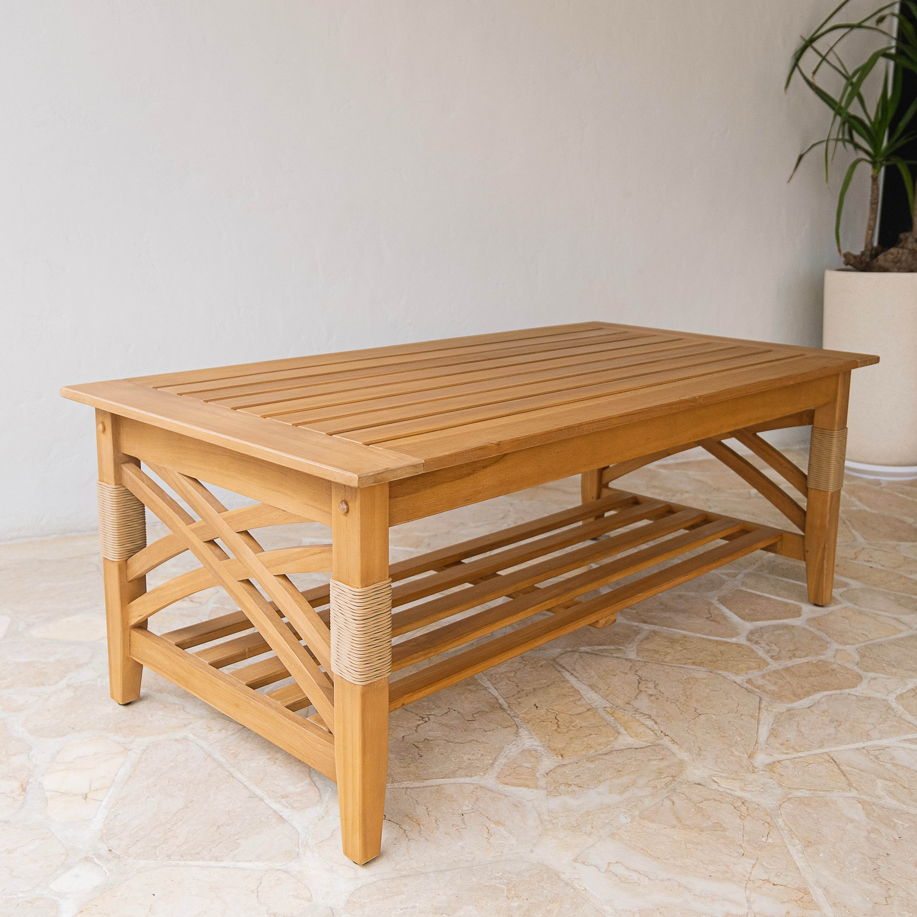 Carmel Teak Wood Patio Coffee Table with Shelf - Cambridge Casual