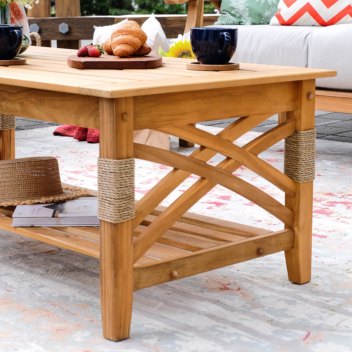 Carmel Teak Wood Patio Coffee Table with Shelf