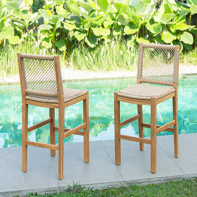 Sierra Teak Wood 2 Pieces Outdoor Barstool with Honey Twist Wicker