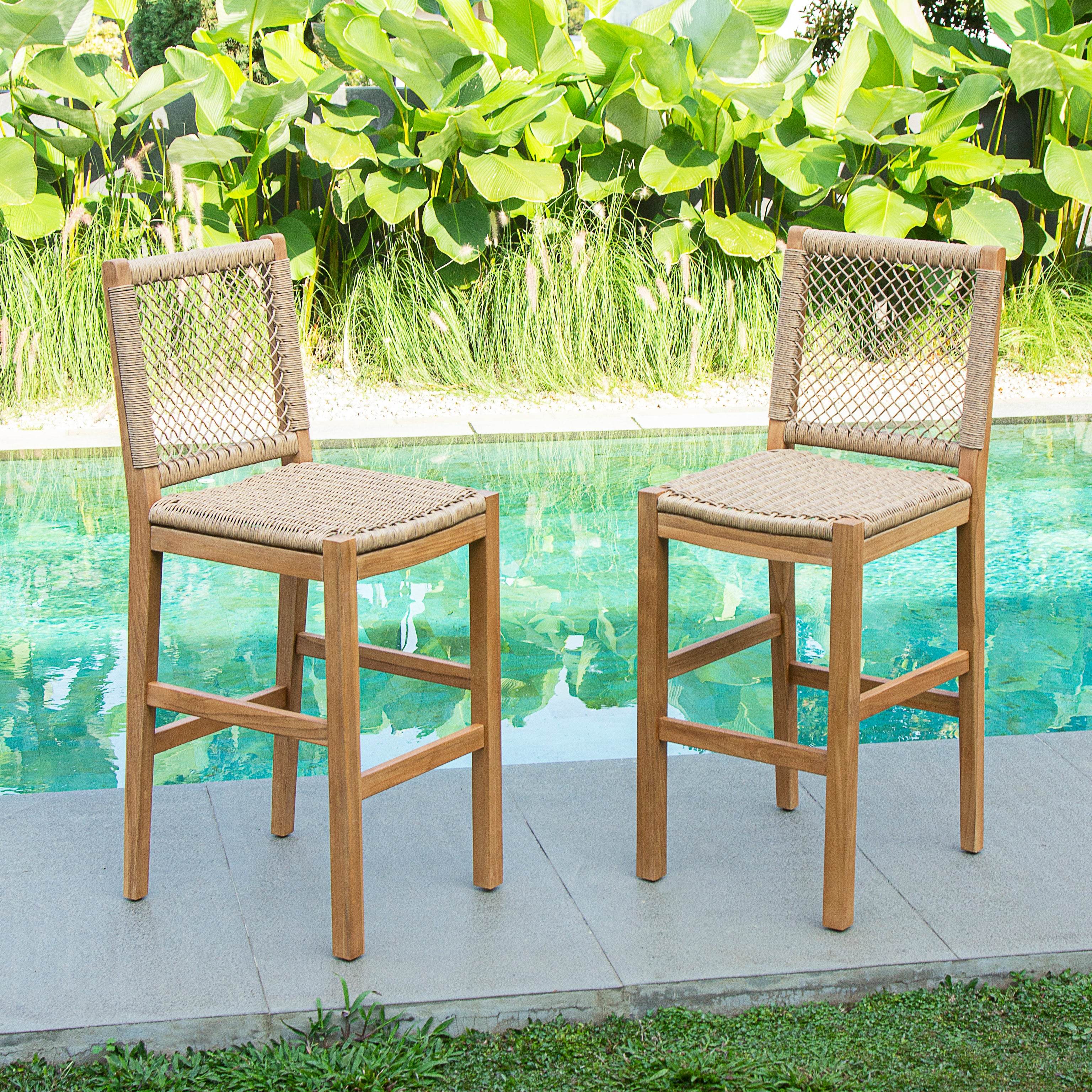 Sierra Teak Wood 2 Pieces Outdoor Barstool with Honey Twist Wicker - Cambridge Casual