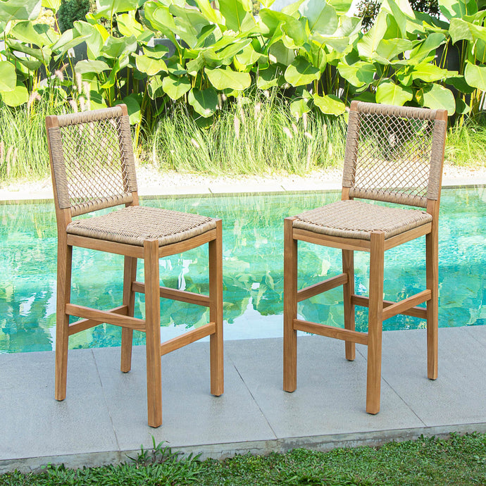 Sierra Teak Wood 2 Pieces Outdoor Barstool with Honey Twist Wicker - Cambridge Casual