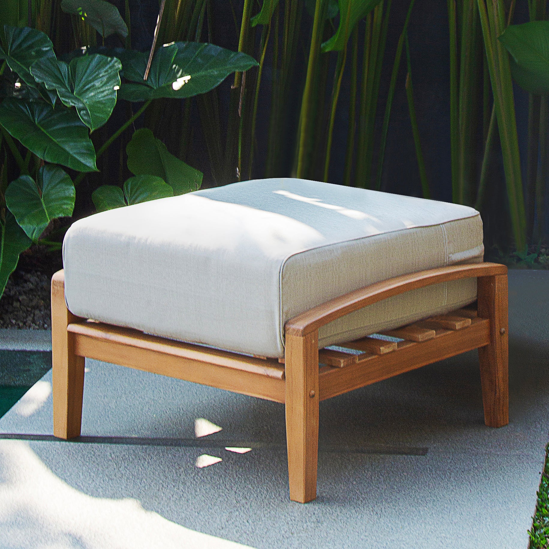 Caterina Teak Wood Outdoor Ottoman with Beige Cushion