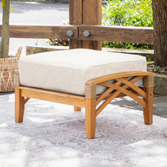 Carmel Teak Wood Patio Ottoman with Tan Cushion