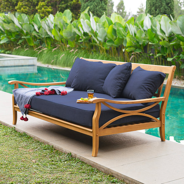 Abbington Teak Wood Patio Sofa Daybed with Navy Cushion