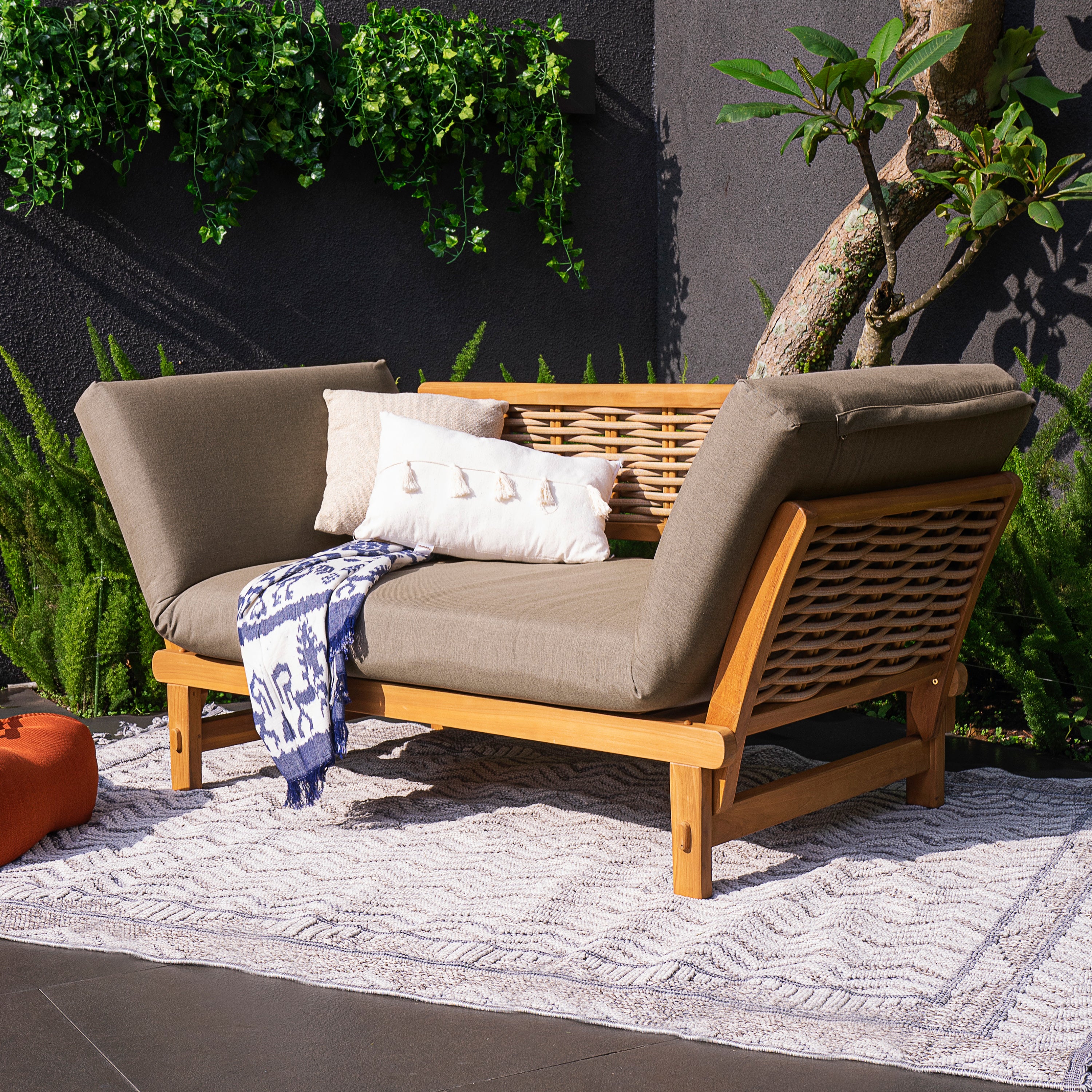 Auburn Teak Wicker Outdoor Convertible Sofa Daybed with Sunbrella Cast Shale Cushion