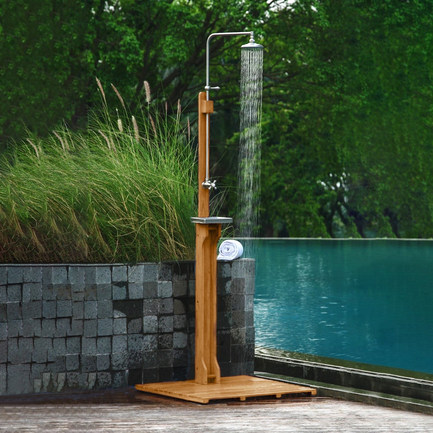 Dussi Teak Wood Freestanding Outdoor Shower and Footwash Spout