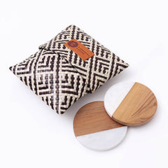 Teak White Marble Round Coaster Set of 2