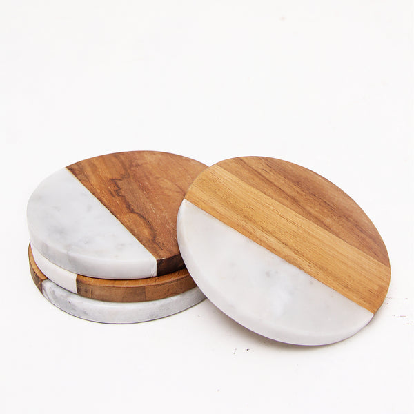 Teak White Marble Round Coaster