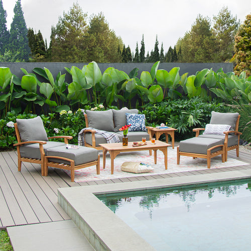Caterina Teak Wood 7 Piece Patio Conversation Set with Gray Cushion