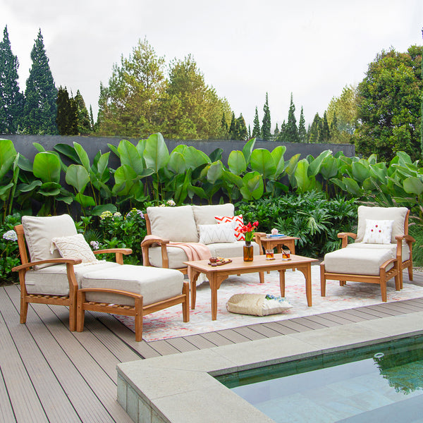 Caterina Teak Wood 7 Piece Patio Conversation Set with Tan Cushion