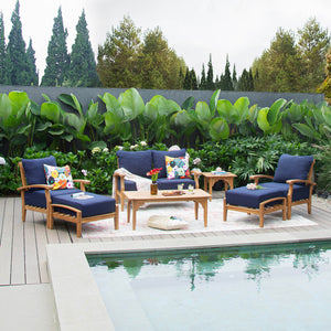 Caterina Teak Wood 7 Piece Patio Conversation Set with Navy Cushion - Cambridge Casual