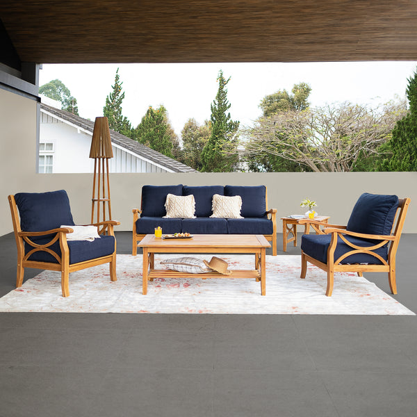 Abbington Teak Wood 5 Piece Patio Conversation Set with Navy Cushion