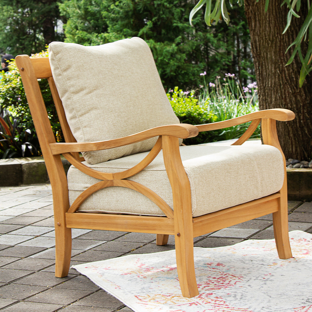 [DETAILS] - Abbington 5 Pieces Teak Wood Patio Conversation Set with Tan Cushion