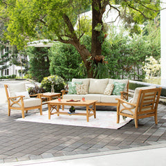 Abbington 5 Piece Teak Wood Patio Conversation Set with Tan Cushion