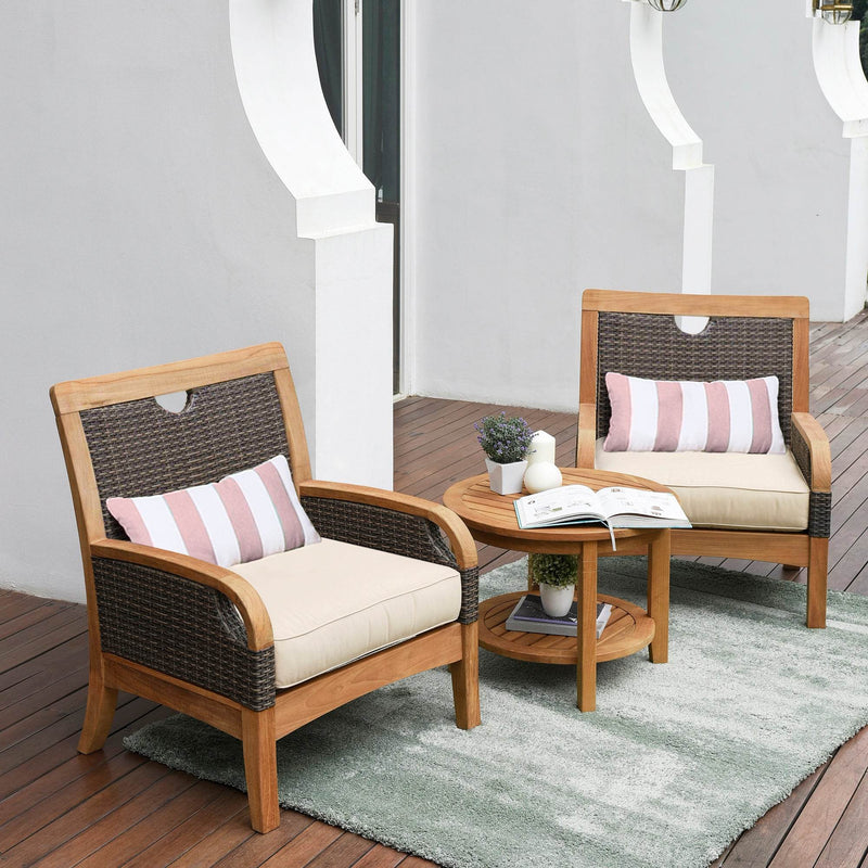 Palma Teak Wood 3 Piece Patio Conversation Set with Taupe Cushion FREE Lumbar Pillow - Cambridge Casual