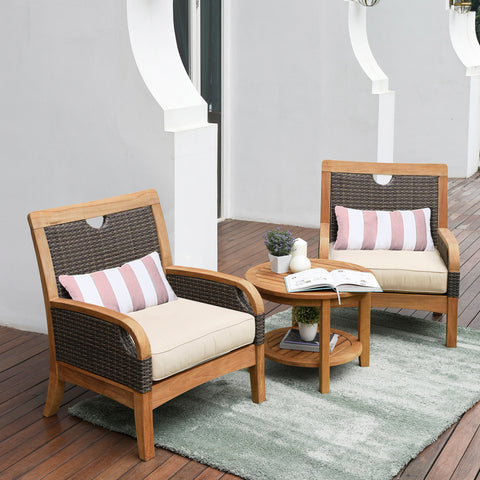 Palma Teak Wood 3 Piece Patio Conversation Set with Taupe Cushion FREE Lumbar Pillow