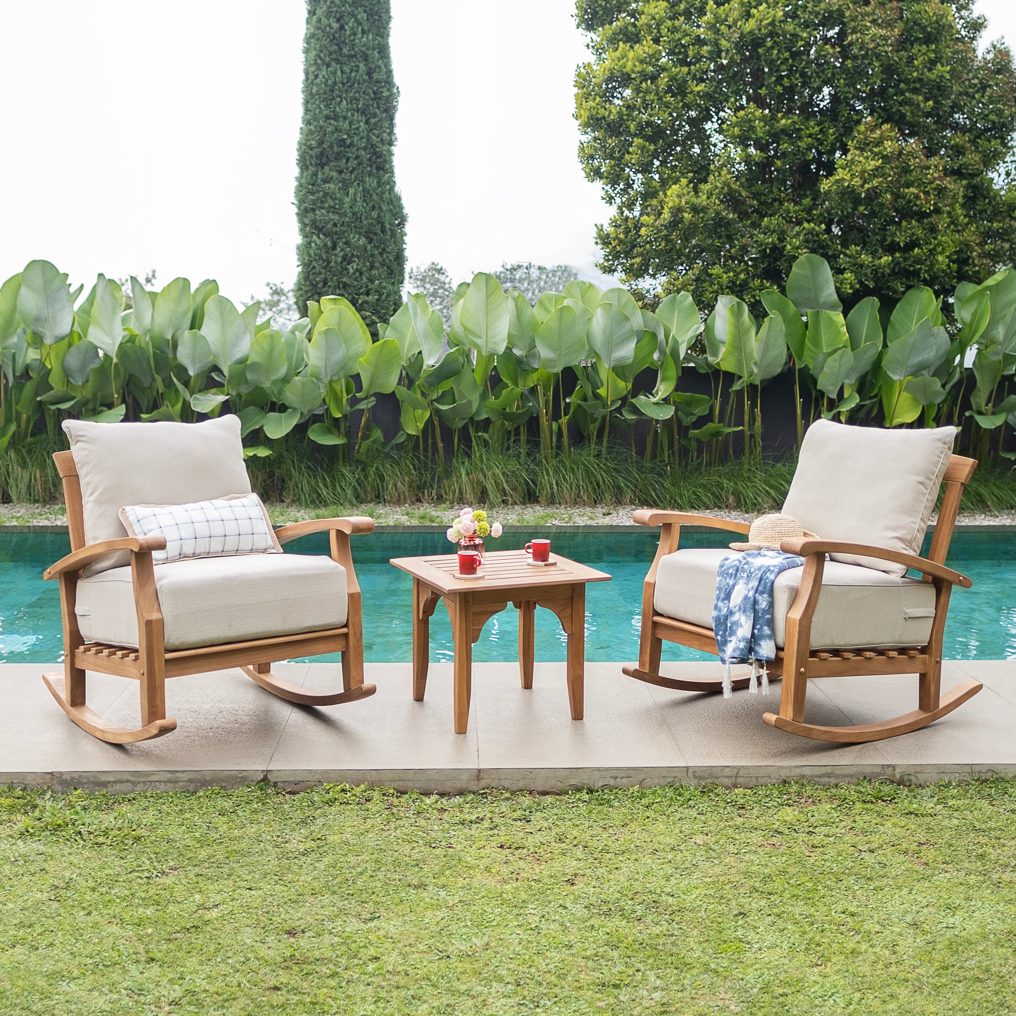 Caterina 3 Piece Teak Wood Outdoor Conversation Set with Beige Cushion