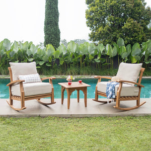 Caterina 3 Piece Teak Wood Outdoor Rocker Conversation Set with Beige Cushion - Cambridge Casual