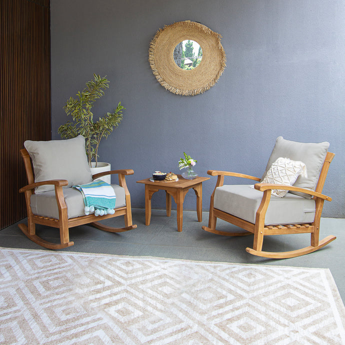 Caterina 3 Piece Teak Wood Outdoor Rocker Conversation Set with Beige Cushion