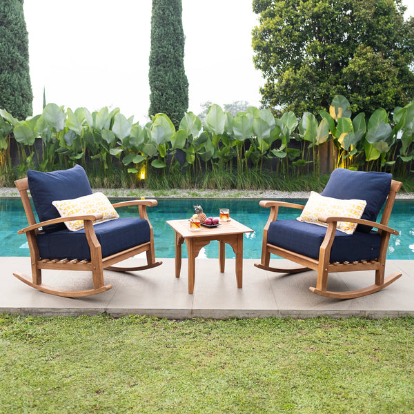 Caterina 3 Piece Teak Wood Outdoor Conversation Set with Navy Cushion