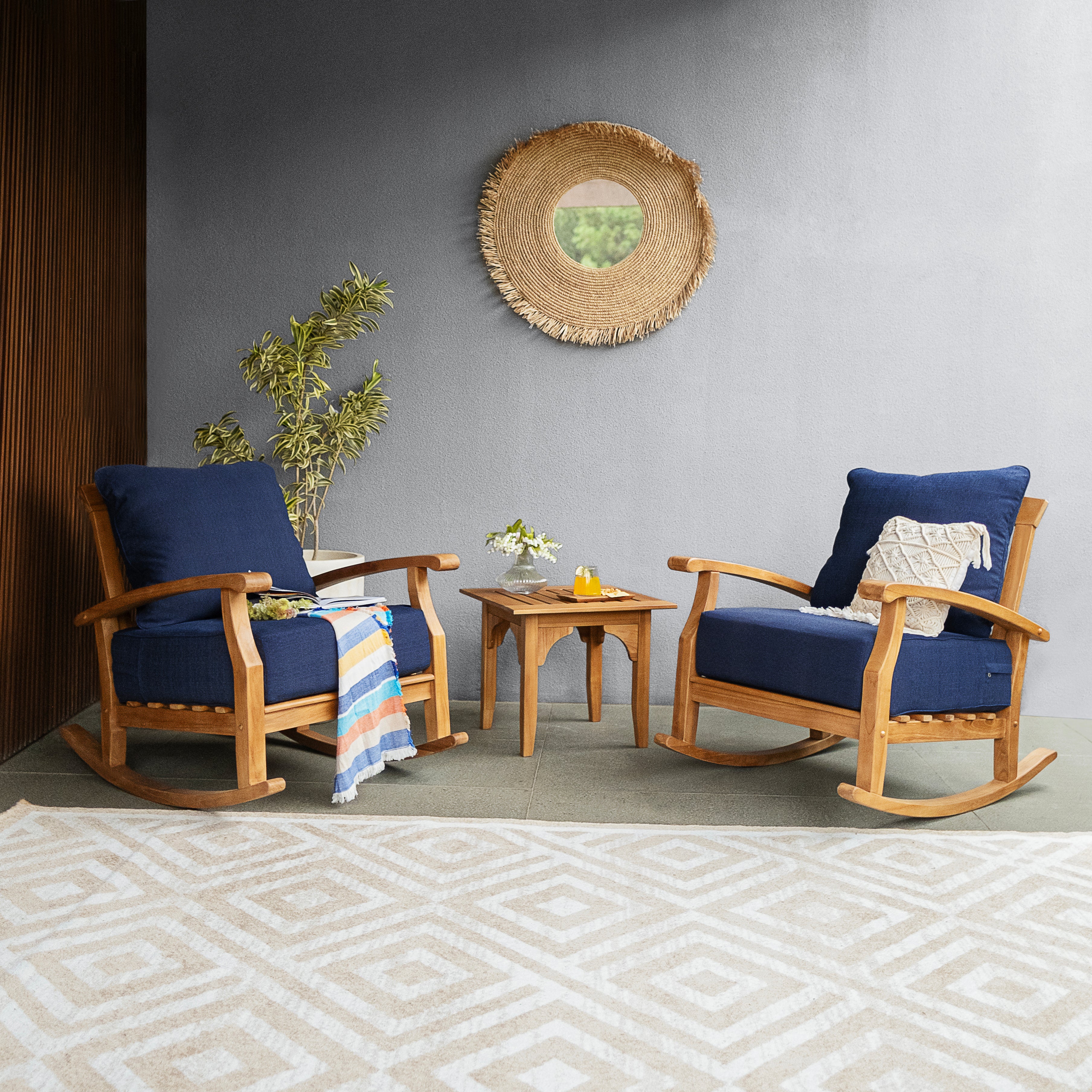 Caterina 3 Piece Teak Wood Outdoor Rocker Conversation Set with Navy Cushion