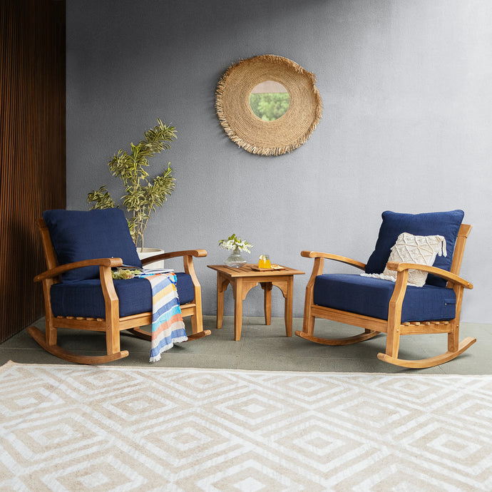Caterina 3 Piece Teak Wood Outdoor Rocker Conversation Set with Navy Cushion