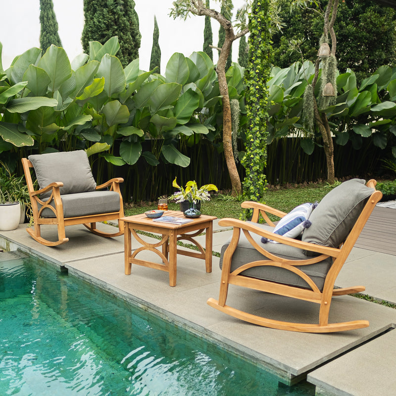 Abbington Teak Wood 3 Piece Patio Rocker Conversation Set with Gray Cushion