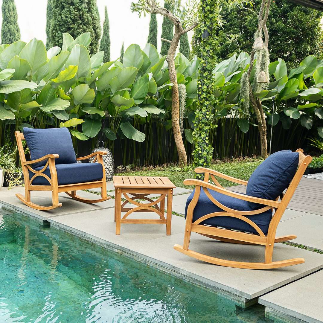 [DETAILS] Abbington Teak Wood 3 Piece Patio Rocker Conversation Set with Navy Cushion