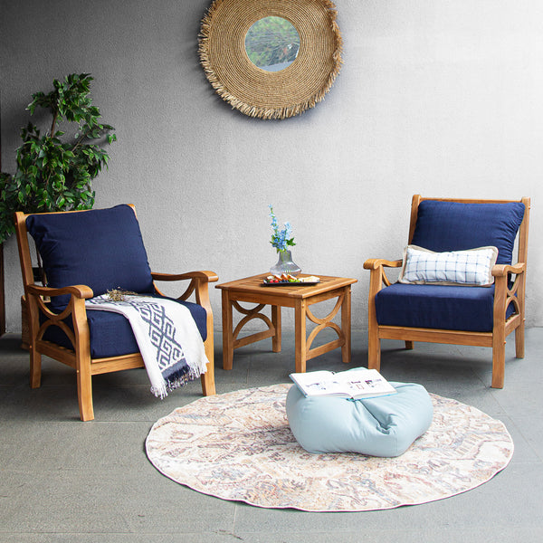 Abbington Teak Wood 3 Pieces Patio Conversation Set with Navy Cushion