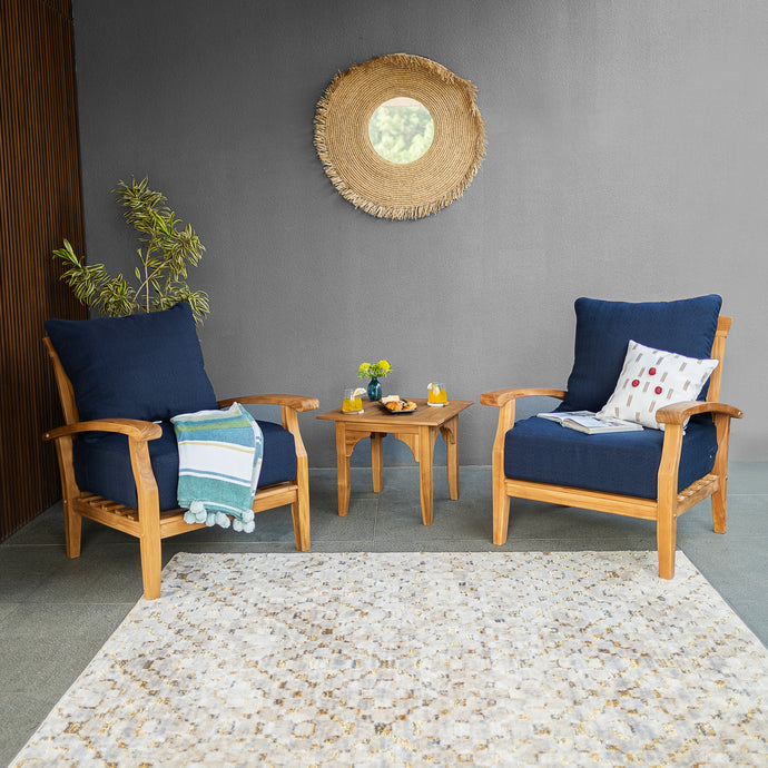 Caterina Teak Wood 3 Piece Patio Conversation Set with Navy Cushion