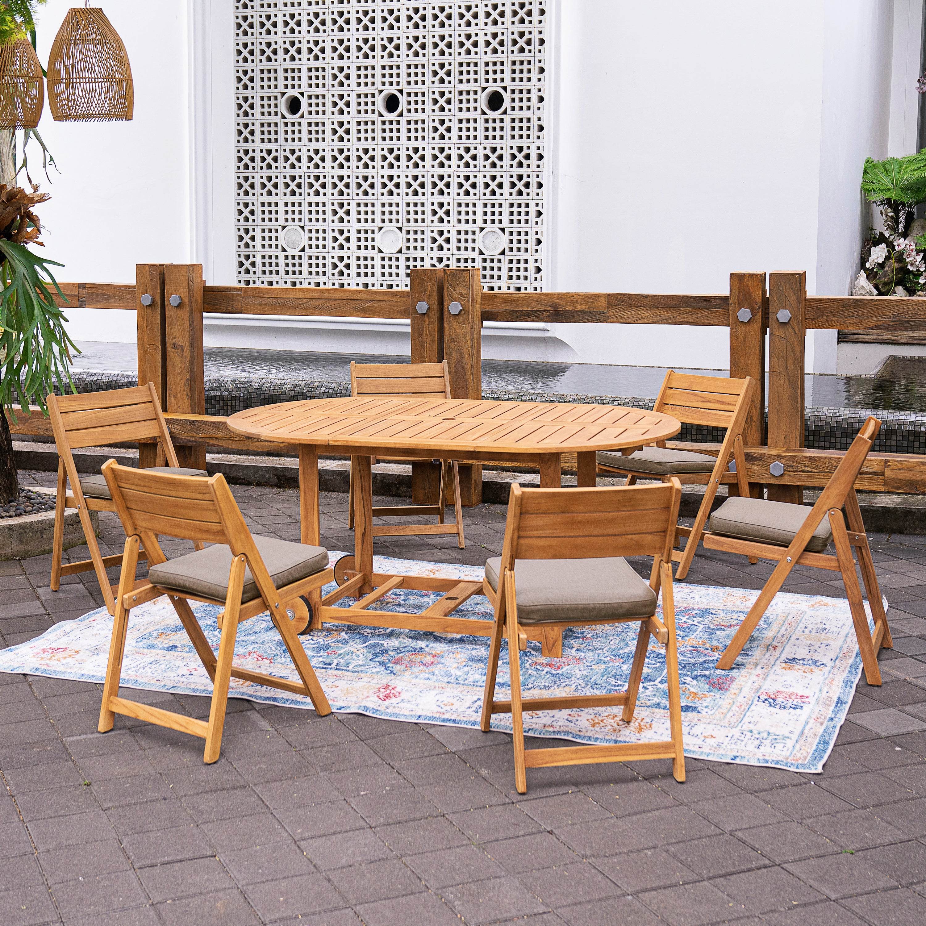 Miami 7 Pieces Teak Outdoor Folding Dining Set with Sunbrella Cast Shale Cushion - Cambridge Casual