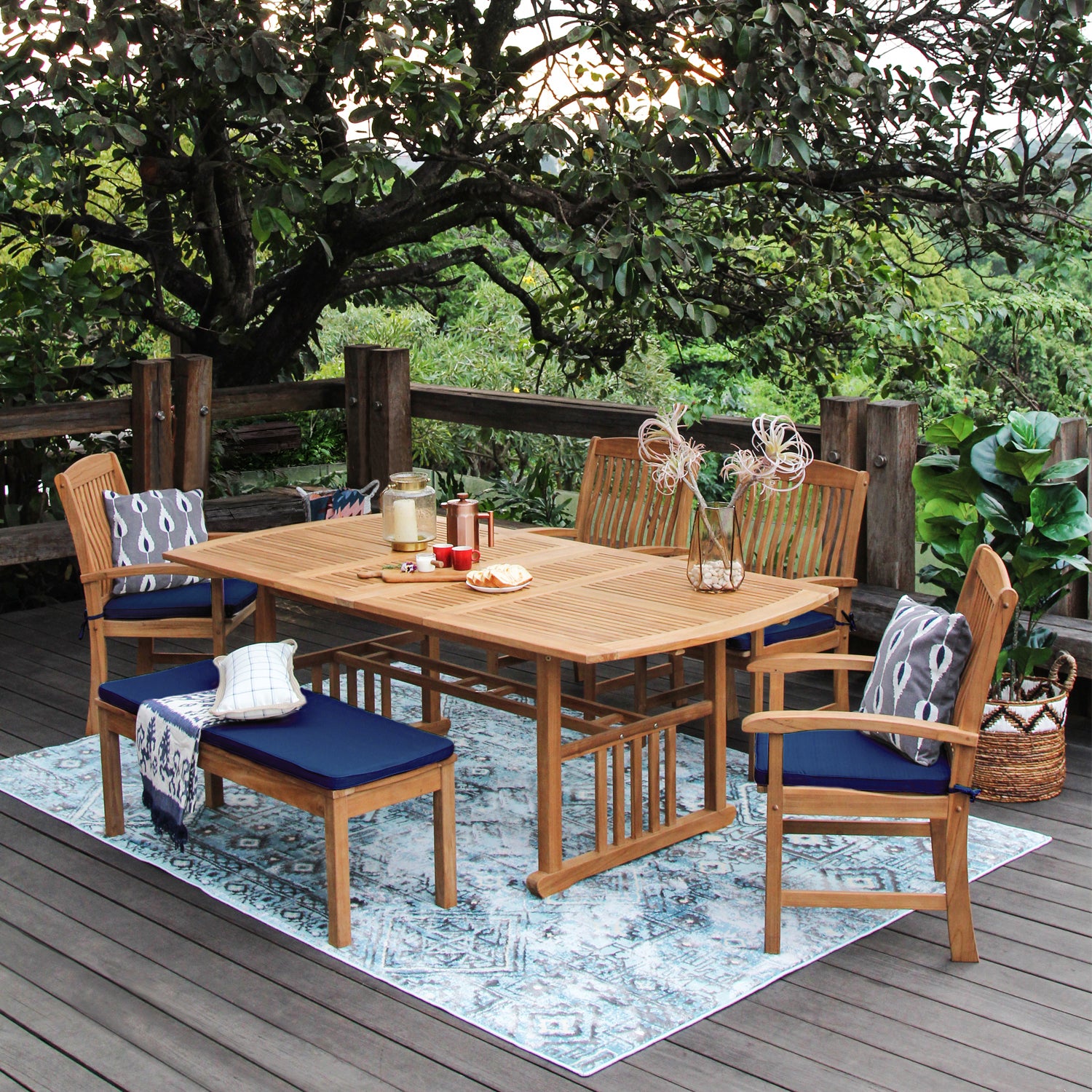 Caterina Teak Wood 6 Pieces Outdoor Dining Set with Navy Seatpad