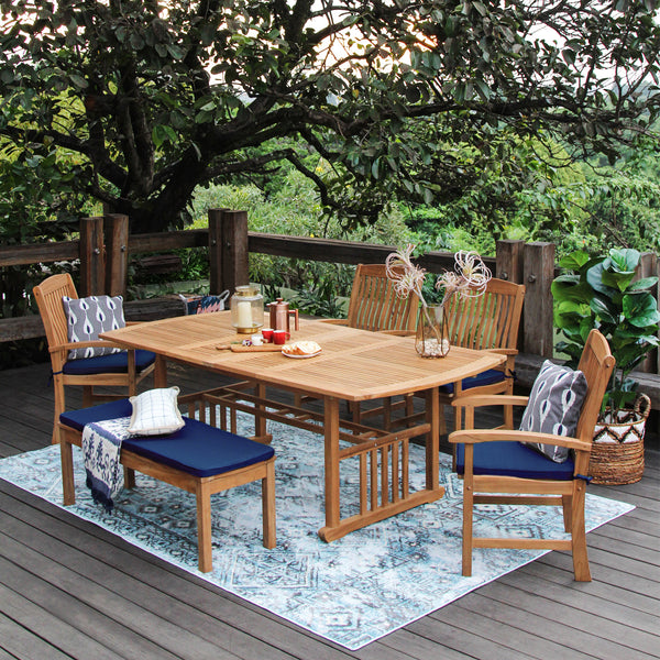 Caterina Teak Wood 6 Pieces Outdoor Dining Set with Navy Seatpad