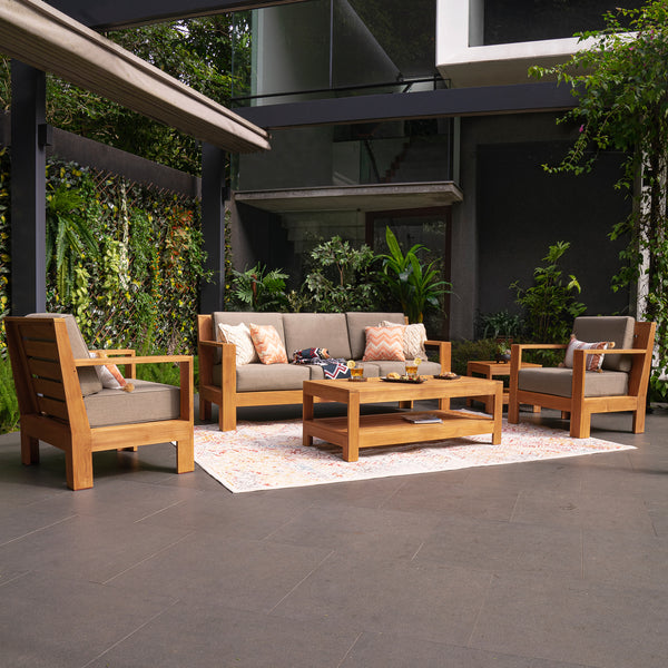 Logan 5 Pieces Teak Wood Patio Conversation Set with Sunbrella Cast Shale Cushion